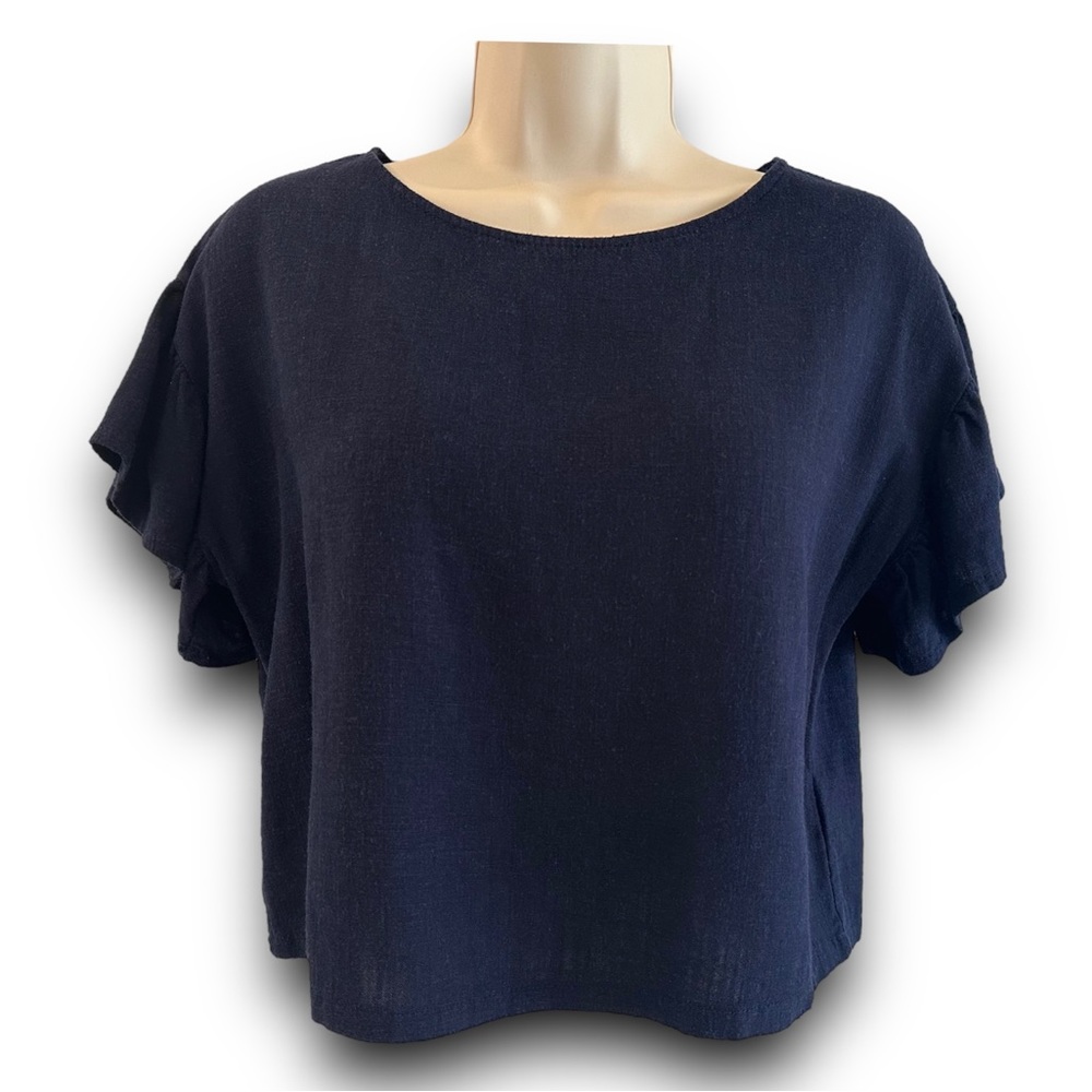 Love J Women’s Linen Blend Crop Top Navy Flutter Sleeves Size M
